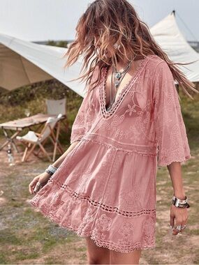 Boho Lace Embroidered Pink Tunic Cover up Dress